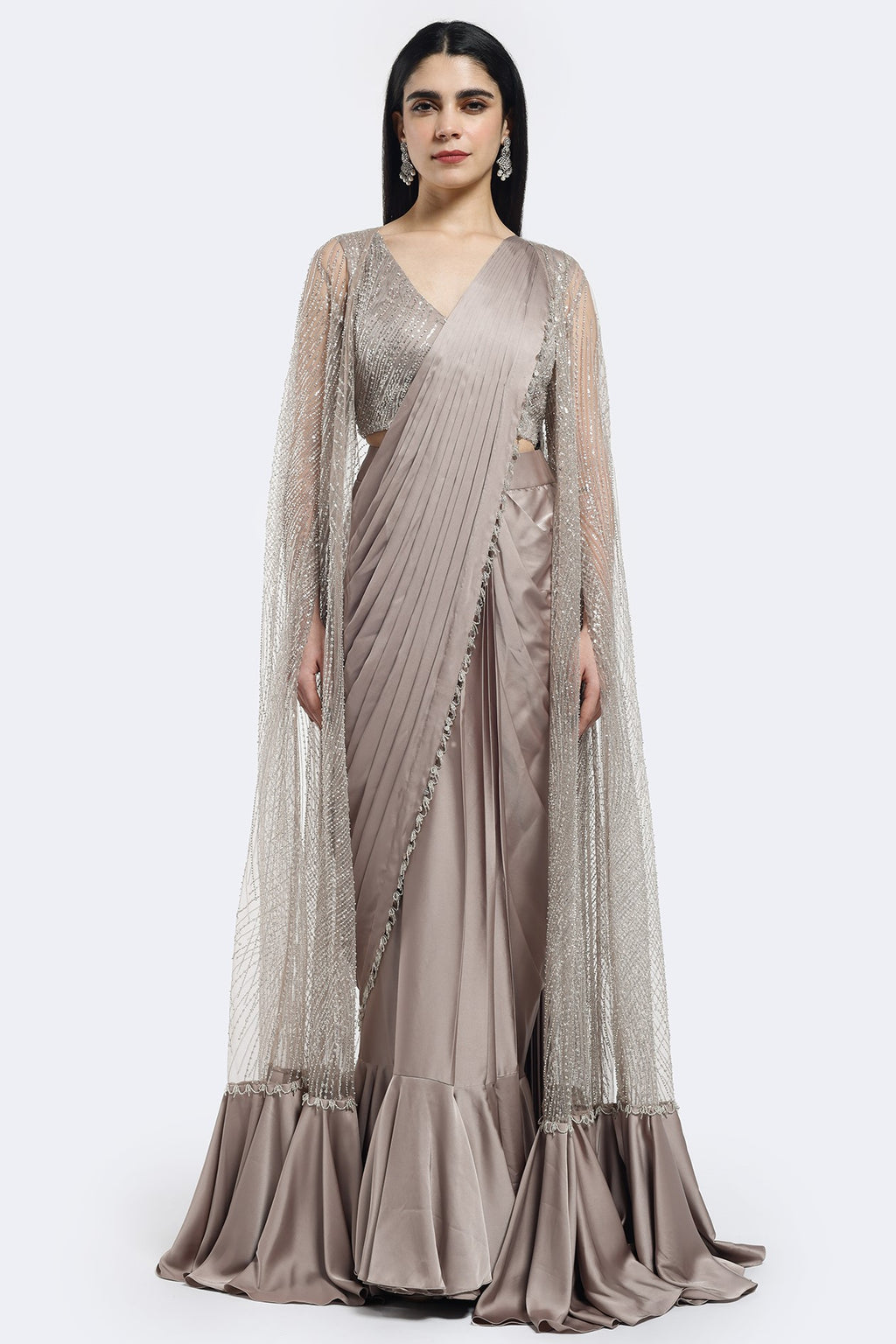 Buy grey embellished satin draped saree online in USA with cape jacket. Look your best at parties and weddings in beautiful designer sarees, embroidered sarees, handwoven sarees, silk sarees, organza saris from Pure Elegance Indian saree store in USA.-full view