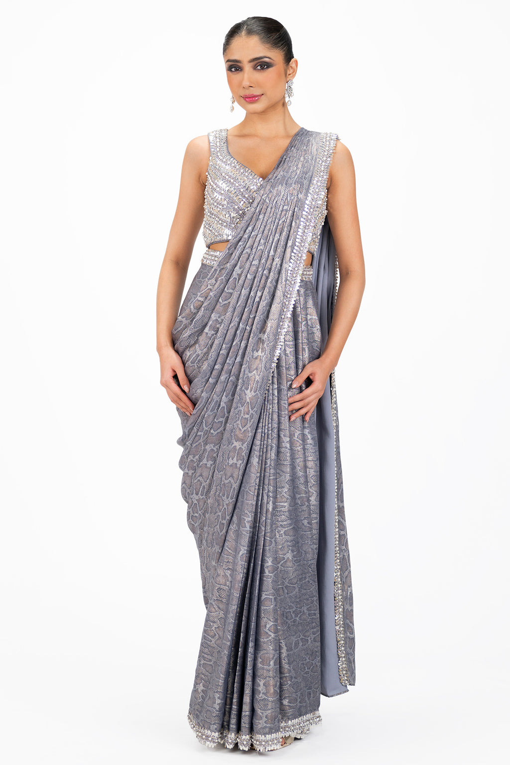 Buy grey snake print pre-stitched jacquard saree online in USA with embroidered blouse. Look your best at parties and weddings in beautiful designer sarees, embroidered sarees, handwoven sarees, silk sarees, organza saris from Pure Elegance Indian saree store in USA.-full view