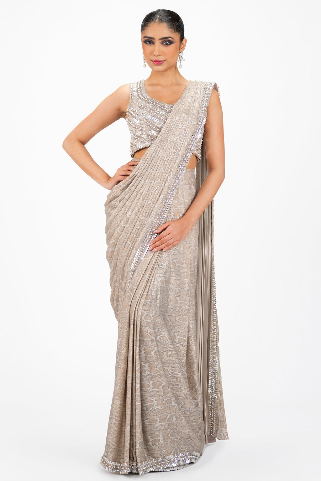 Shop beige snake print pre-stitched jacquard saree online in USA with embroidered blouse. Look your best at parties and weddings in beautiful designer sarees, embroidered sarees, handwoven sarees, silk sarees, organza saris from Pure Elegance Indian saree store in USA.-full view