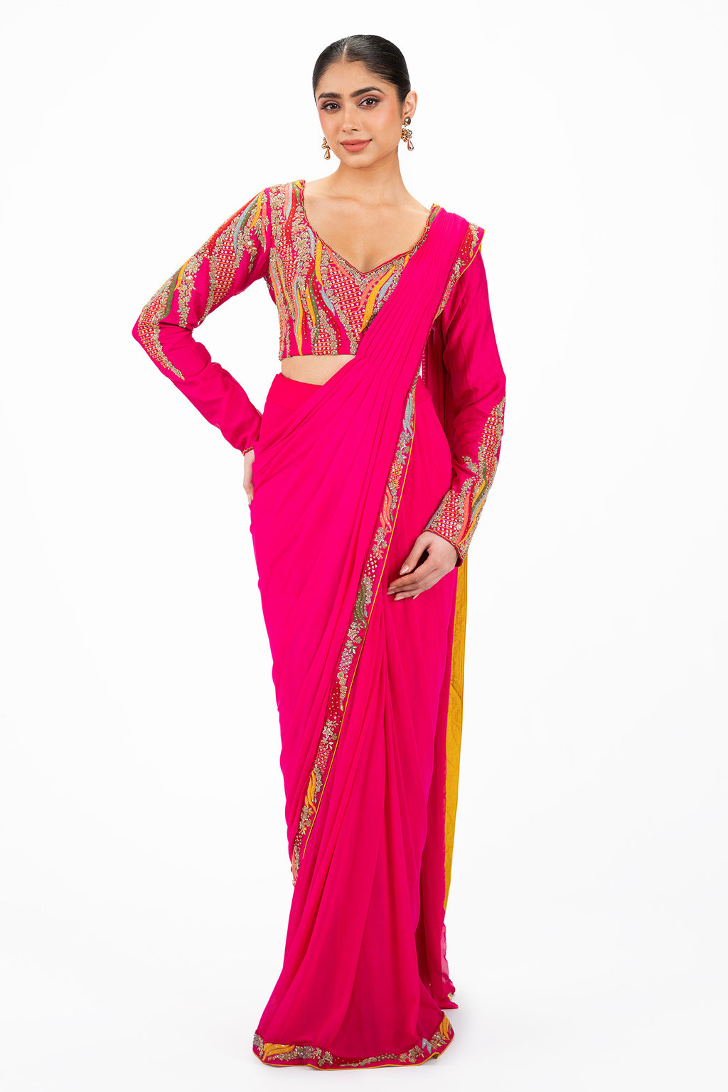 Buy pink embellished lycra pre-stitched saree online in USA with embroidered blouse. Look your best at parties and weddings in beautiful designer sarees, embroidered sarees, handwoven sarees, silk sarees, organza saris from Pure Elegance Indian saree store in USA.-full view