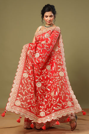 Shop stunning red organza saree online in USA with embroidery. Make a fashion statement at weddings with stunning designer sarees, embroidered sarees with blouse, wedding sarees, handloom sarees from Pure Elegance Indian fashion store in USA.-pallu