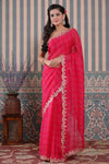 Buy pink check organza silk sari online in USA with embroidered border. Make a fashion statement at weddings with stunning designer sarees, embroidered sarees with blouse, wedding sarees, handloom sarees from Pure Elegance Indian fashion store in USA.-full view