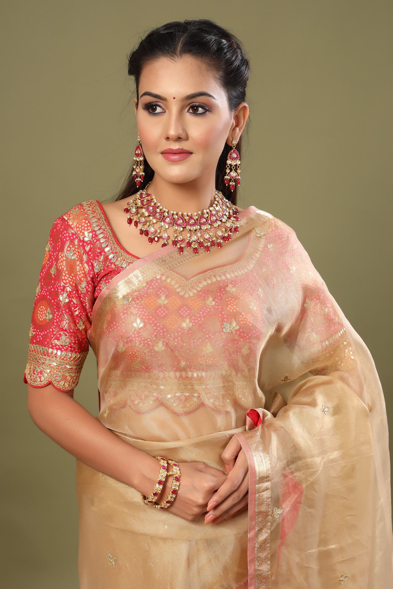 Buy golden tissue silk sari online in USA with pink embroidered blouse. Make a fashion statement at weddings with stunning designer sarees, embroidered sarees with blouse, wedding sarees, handloom sarees from Pure Elegance Indian fashion store in USA.-blouse