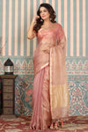 Shop dusty pink tissue silk saree online in USA with pink embroidered blouse. Make a fashion statement at weddings with stunning designer sarees, embroidered sarees with blouse, wedding sarees, handloom sarees from Pure Elegance Indian fashion store in USA.-full view