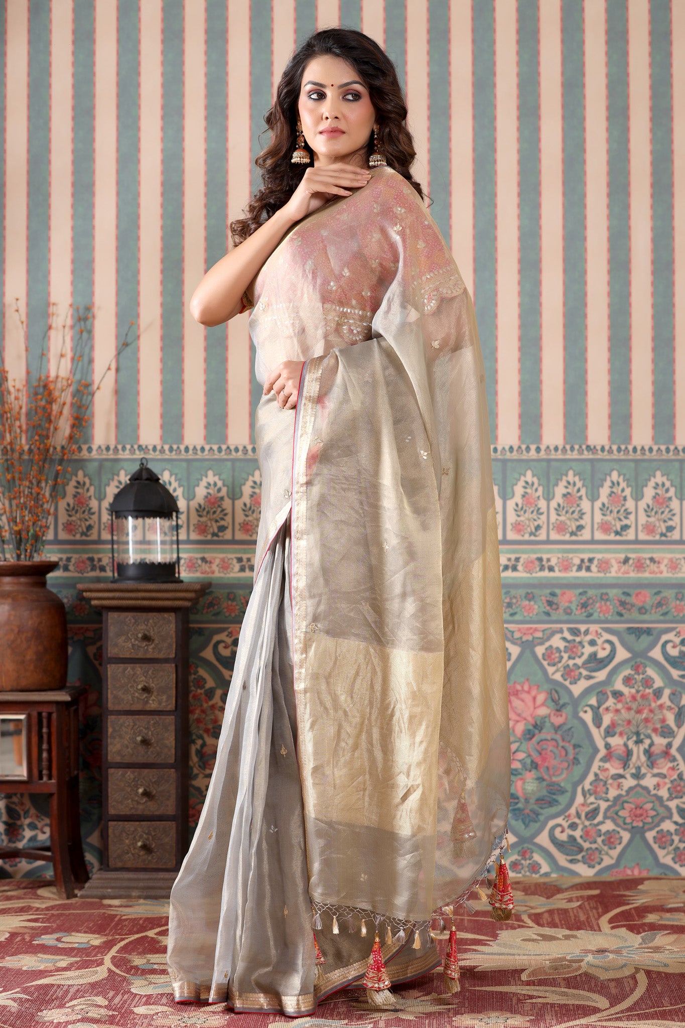 Buy grey tissue silk saree online in USA with pink embroidered blouse. Make a fashion statement at weddings with stunning designer sarees, embroidered sarees with blouse, wedding sarees, handloom sarees from Pure Elegance Indian fashion store in USA.-side