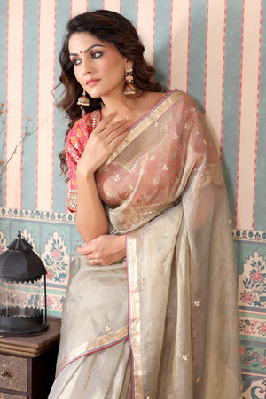 Buy grey tissue silk saree online in USA with pink embroidered blouse. Make a fashion statement at weddings with stunning designer sarees, embroidered sarees with blouse, wedding sarees, handloom sarees from Pure Elegance Indian fashion store in USA.-closeup