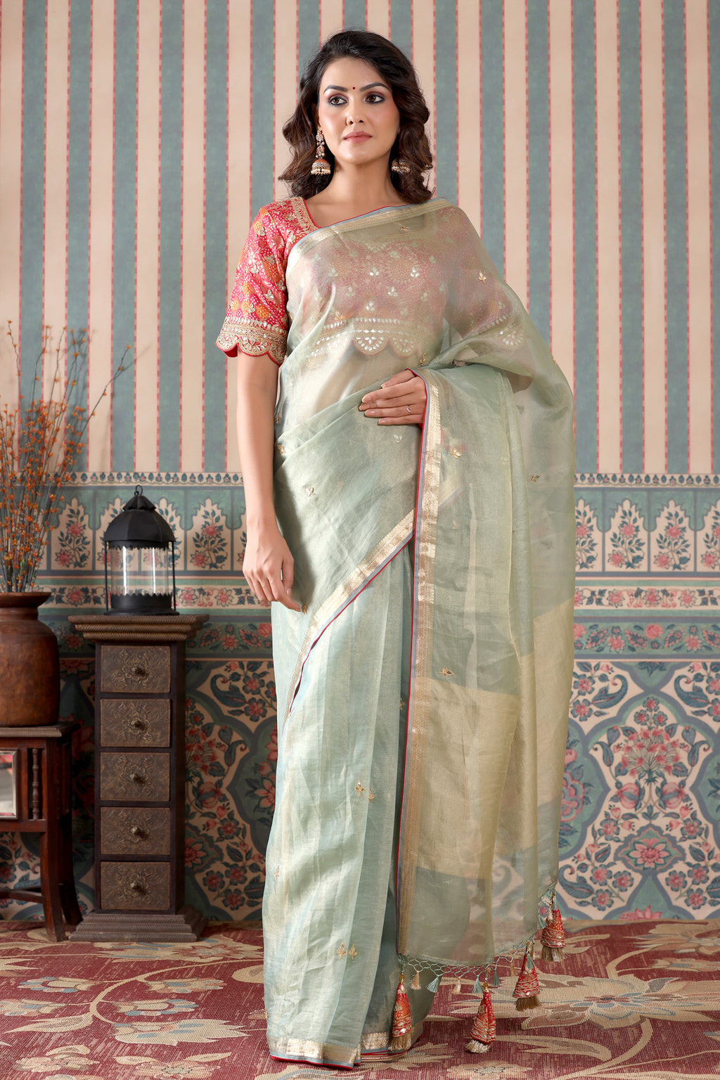 Shop stunning golden green tissue silk saree online in USA with pink embroidered blouse. Make a fashion statement at weddings with stunning designer sarees, embroidered sarees with blouse, wedding sarees, handloom sarees from Pure Elegance Indian fashion store in USA.-full view