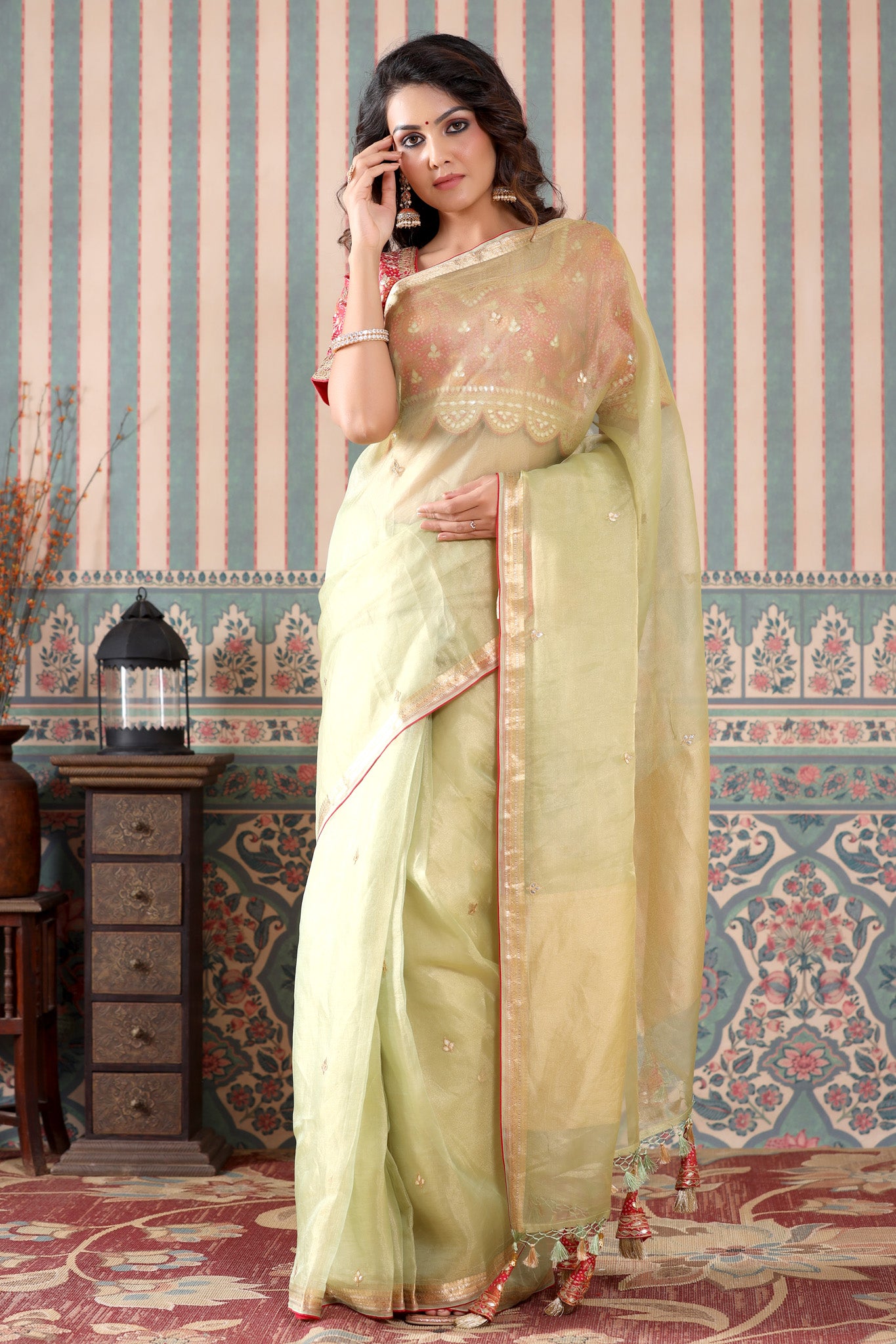 Shop beautiful pista green tissue silk saree online in USA with pink embroidered blouse. Make a fashion statement at weddings with stunning designer sarees, embroidered sarees with blouse, wedding sarees, handloom sarees from Pure Elegance Indian fashion store in USA.-saree