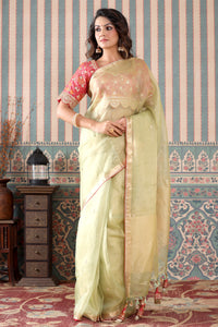 Shop beautiful pista green tissue silk saree online in USA with pink embroidered blouse. Make a fashion statement at weddings with stunning designer sarees, embroidered sarees with blouse, wedding sarees, handloom sarees from Pure Elegance Indian fashion store in USA.-full view