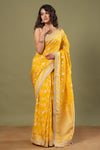 Buy yellow Banarasi saree online in USA with embroidered border. Make a fashion statement at weddings with stunning designer sarees, embroidered sarees with blouse, wedding sarees, handloom sarees from Pure Elegance Indian fashion store in USA.-full view