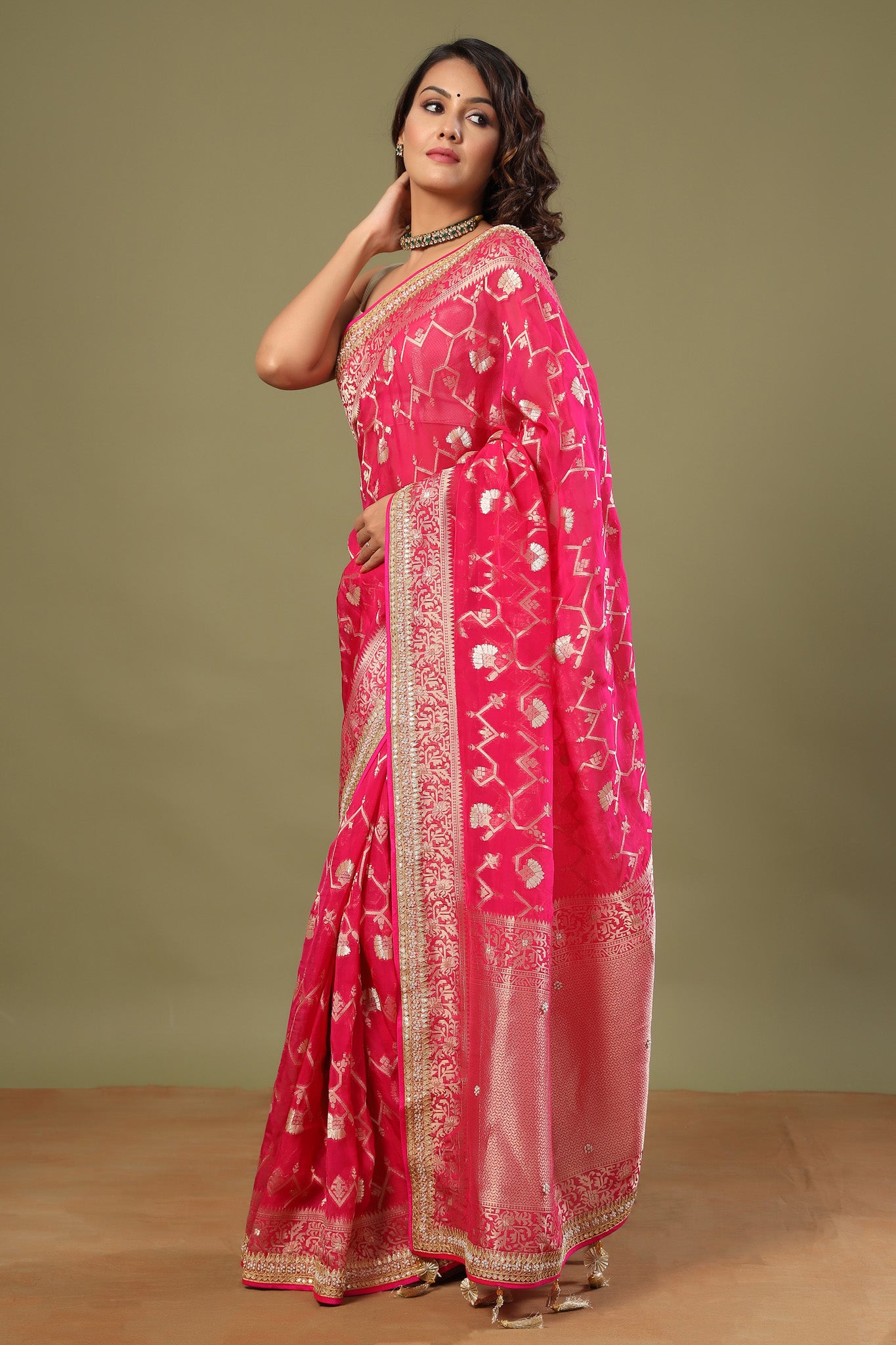 Shop bright pink Banarasi sari online in USA with embroidered border. Make a fashion statement at weddings with stunning designer sarees, embroidered sarees with blouse, wedding sarees, handloom sarees from Pure Elegance Indian fashion store in USA.-pallu