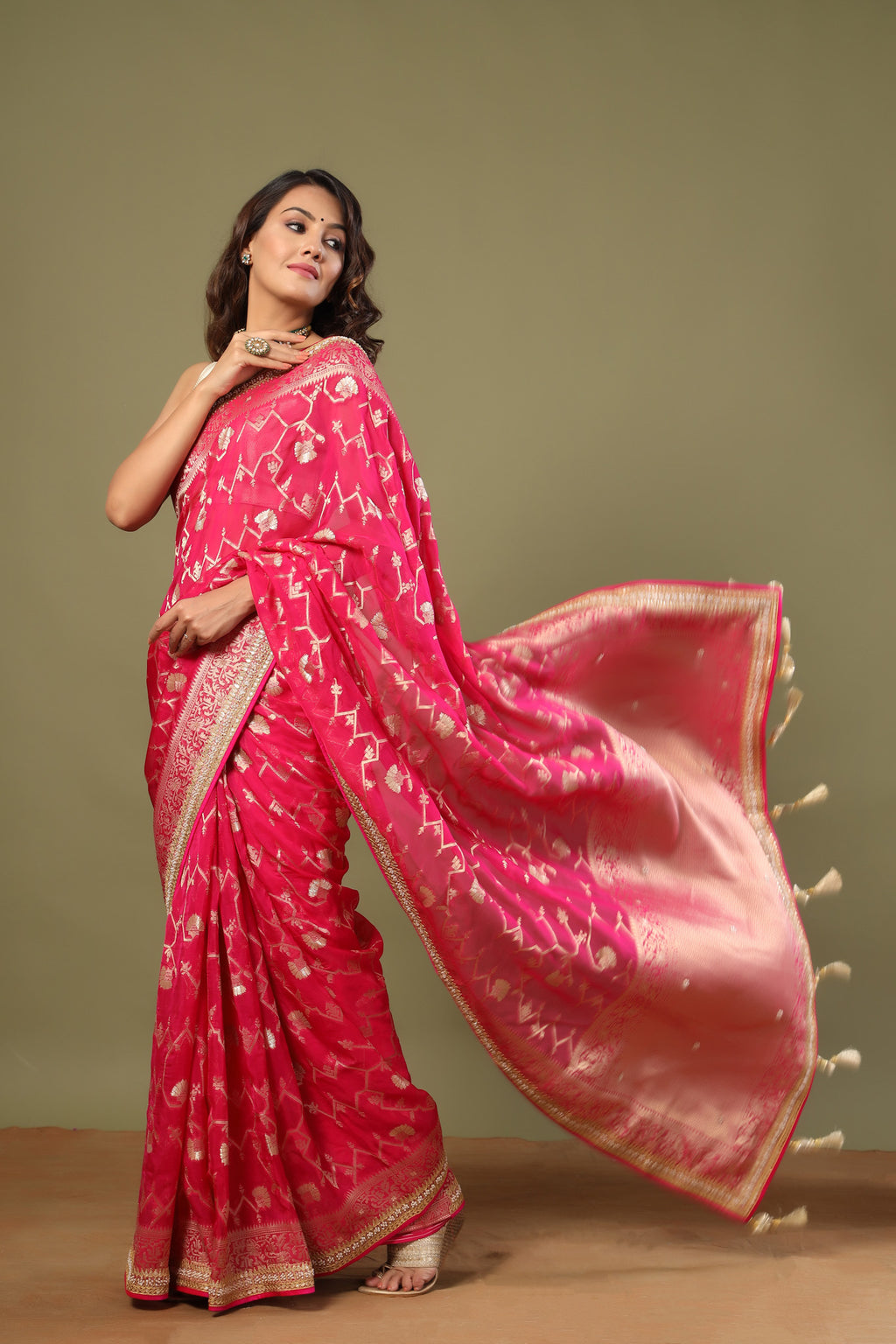 Shop bright pink Banarasi sari online in USA with embroidered border. Make a fashion statement at weddings with stunning designer sarees, embroidered sarees with blouse, wedding sarees, handloom sarees from Pure Elegance Indian fashion store in USA.-full view