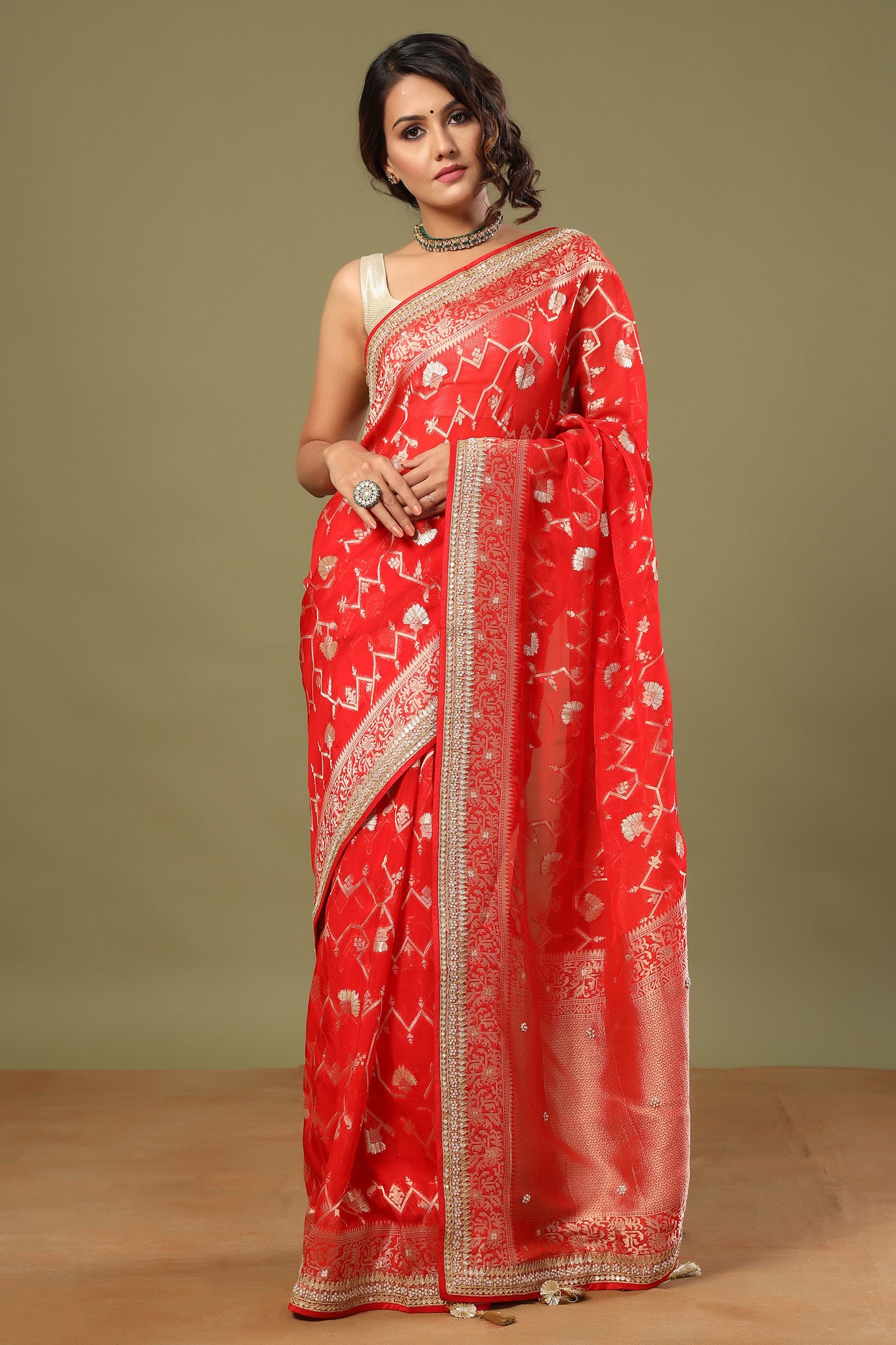Buy bright red Banarasi saree online in USA with embroidered border. Make a fashion statement at weddings with stunning designer sarees, embroidered sarees with blouse, wedding sarees, handloom sarees from Pure Elegance Indian fashion store in USA.-full view