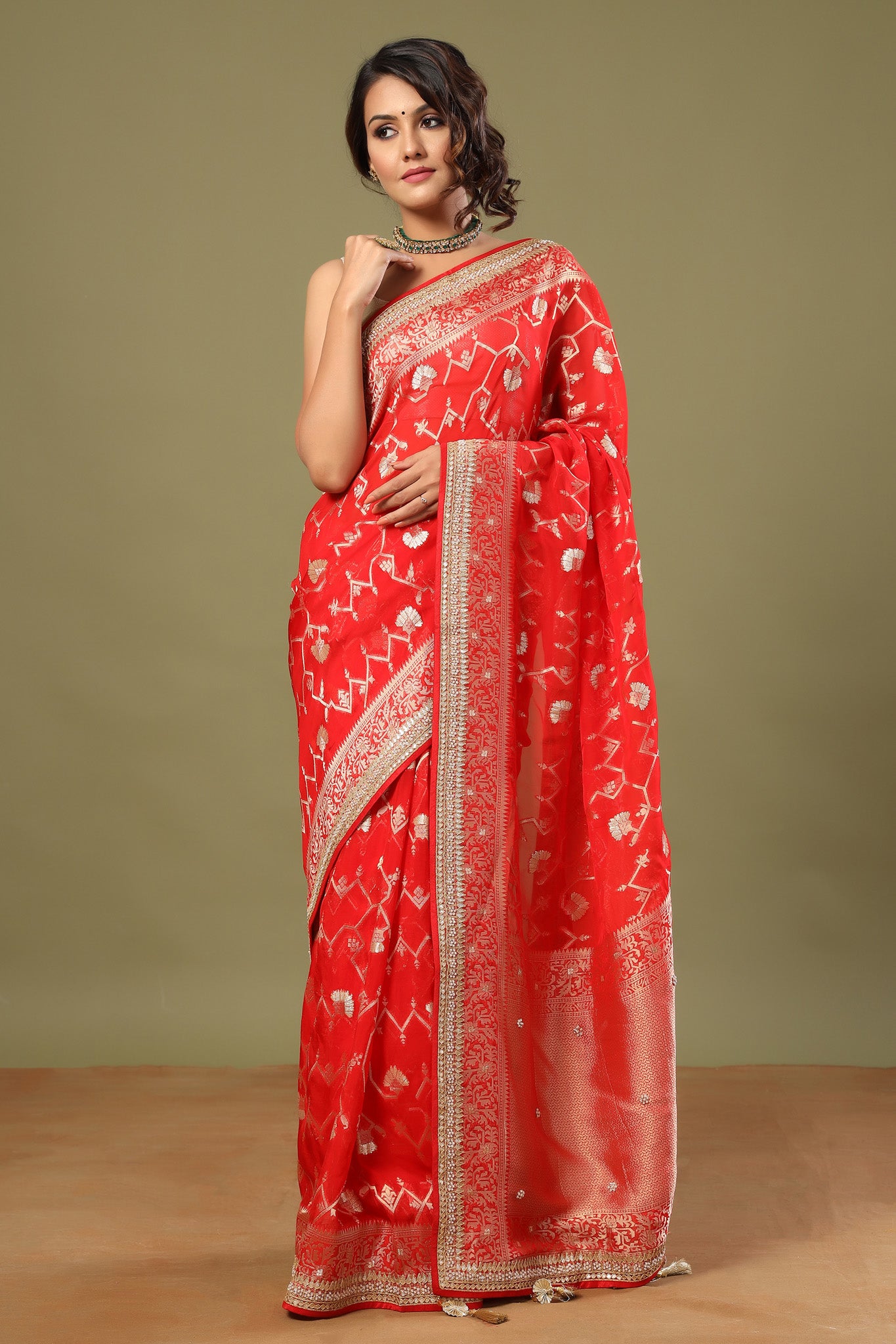 Buy bright red Banarasi saree online in USA with embroidered border. Make a fashion statement at weddings with stunning designer sarees, embroidered sarees with blouse, wedding sarees, handloom sarees from Pure Elegance Indian fashion store in USA.-saree