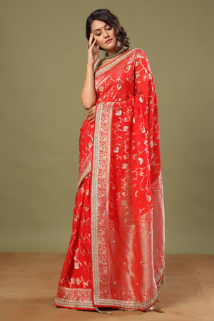 Buy bright red Banarasi saree online in USA with embroidered border. Make a fashion statement at weddings with stunning designer sarees, embroidered sarees with blouse, wedding sarees, handloom sarees from Pure Elegance Indian fashion store in USA.-pallu