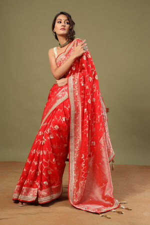 Buy bright red Banarasi saree online in USA with embroidered border. Make a fashion statement at weddings with stunning designer sarees, embroidered sarees with blouse, wedding sarees, handloom sarees from Pure Elegance Indian fashion store in USA.-pallu