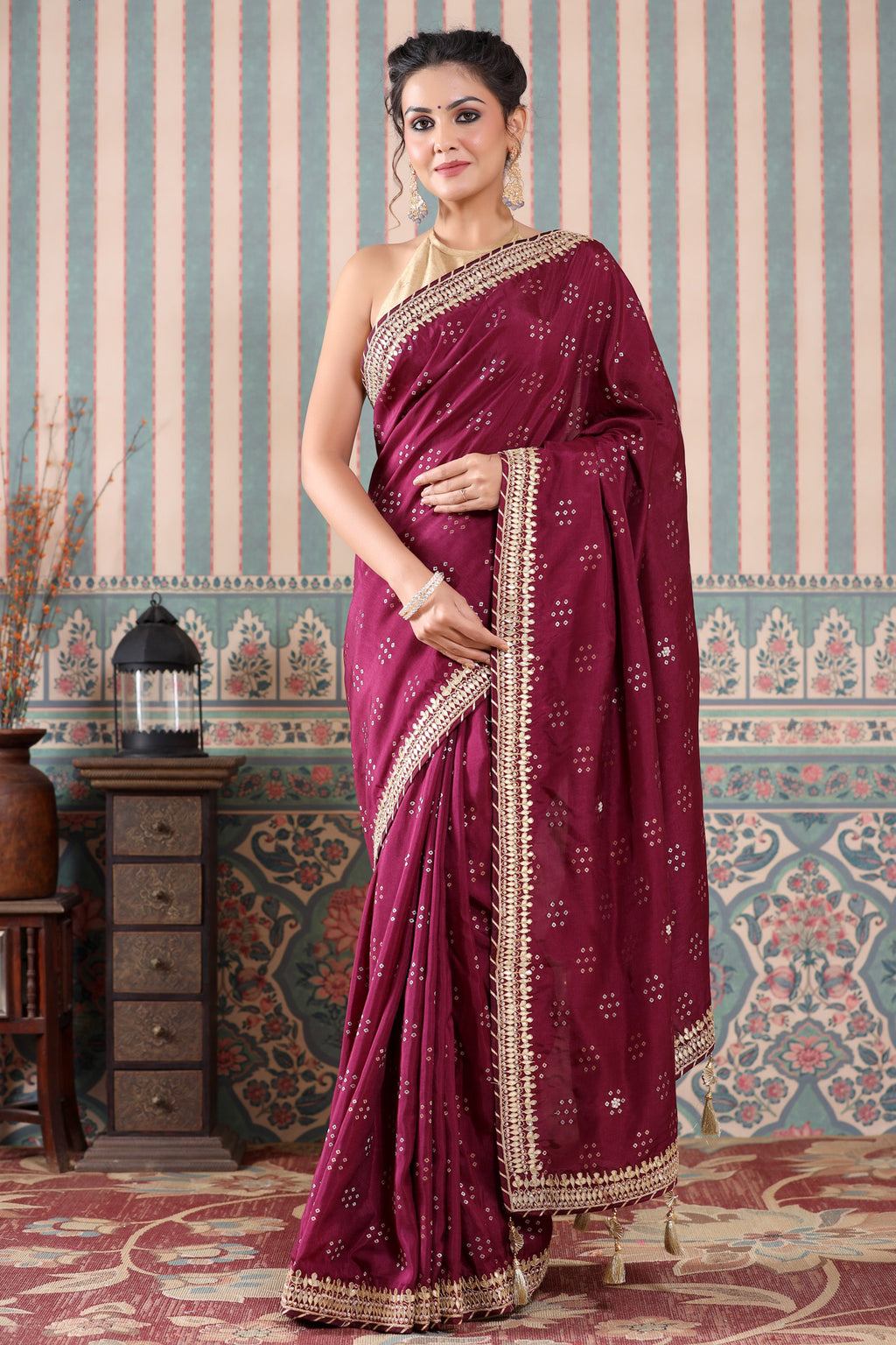 Buy stunning wine color georgette saree online in USA with embroidered border. Make a fashion statement at weddings with stunning designer sarees, embroidered sarees with blouse, wedding sarees, handloom sarees from Pure Elegance Indian fashion store in USA.-full view