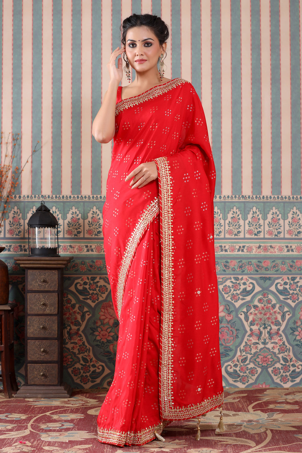 Buy stunning bright red embroidered georgette saree online in USA. Make a fashion statement at weddings with stunning designer sarees, embroidered sarees with blouse, wedding sarees, handloom sarees from Pure Elegance Indian fashion store in USA.-full view