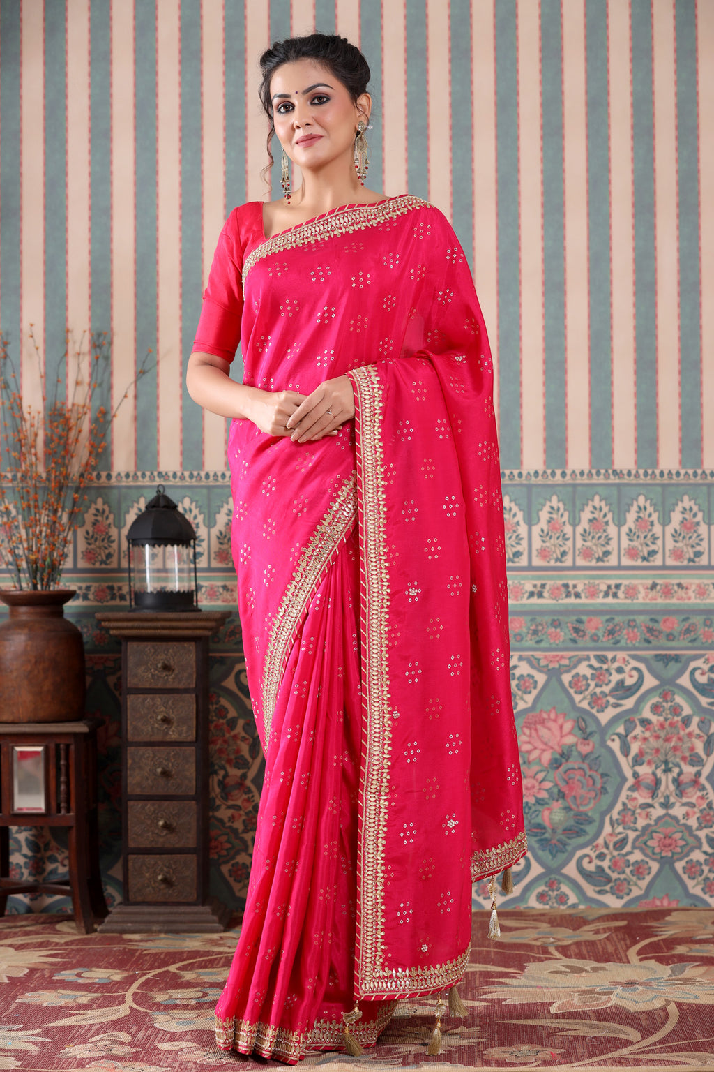 Shop beautiful pink embroidered georgette saree online in USA. Make a fashion statement at weddings with stunning designer sarees, embroidered sarees with blouse, wedding sarees, handloom sarees from Pure Elegance Indian fashion store in USA.-full view