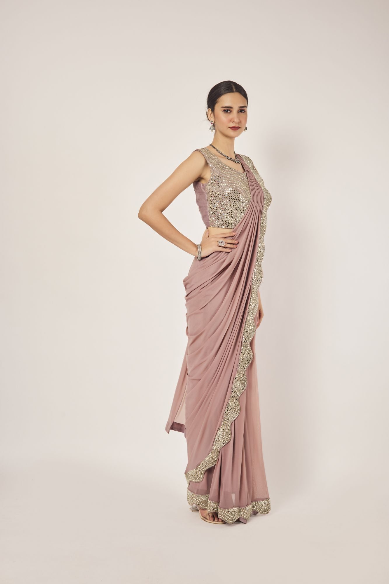 Buy Black Lycra Embroidery V Neck Pre-draped Saree Gown For Women by Devika  Seth Online at Aza Fashions.