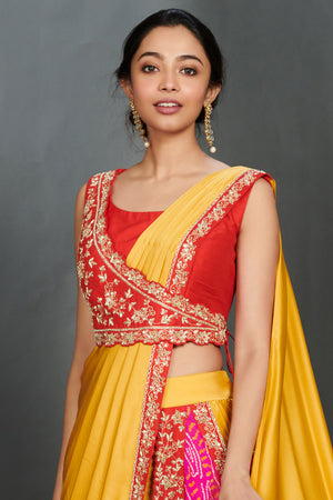 90Z949-RO Mustard Silk Bhandej Saree Set With Red Blouse