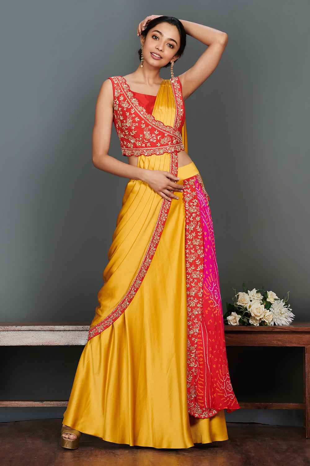 90Z949-RO Mustard Silk Bhandej Saree Set With Red Blouse