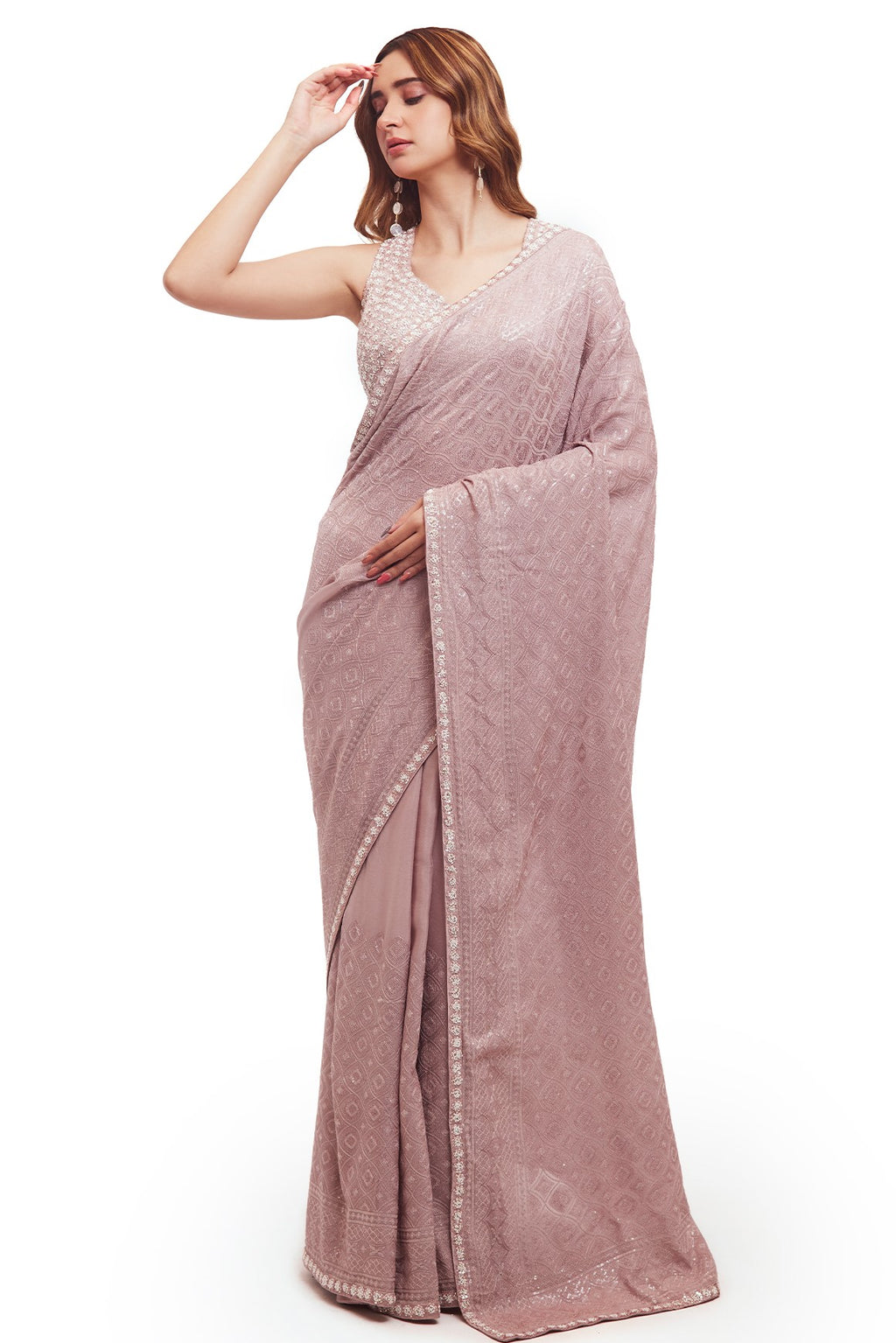 Shop beautiful lavender chikan saree online in USA with saree blouse. Look your best at parties and weddings in beautiful designer sarees, embroidered sarees, handwoven sarees, silk sarees, organza saris from Pure Elegance Indian saree store in USA.-full view