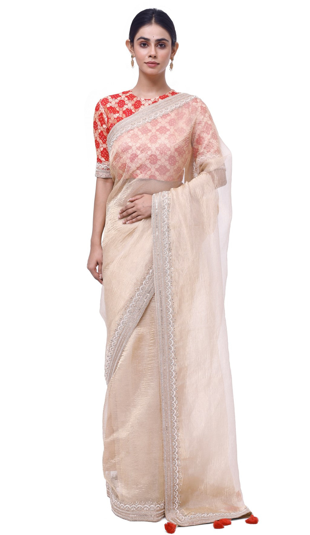 Buy gold embroidered tissue saree online in USA with red bandhej saree blouse. Look your best at parties and weddings in beautiful designer sarees, embroidered sarees, handwoven sarees, silk sarees, organza saris from Pure Elegance Indian saree store in USA.-full view