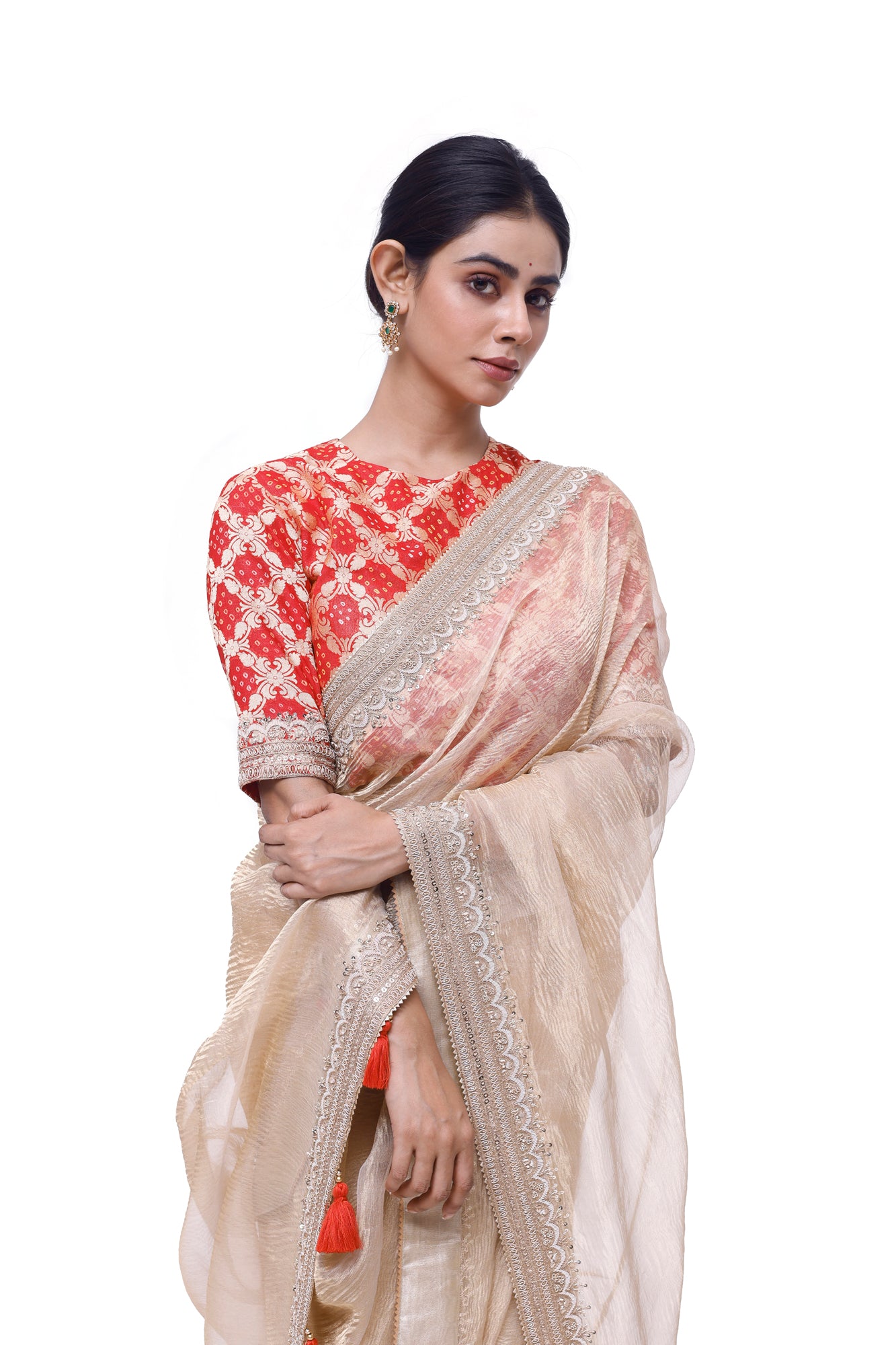 Buy gold embroidered tissue saree online in USA with red bandhej saree blouse. Look your best at parties and weddings in beautiful designer sarees, embroidered sarees, handwoven sarees, silk sarees, organza saris from Pure Elegance Indian saree store in USA.-closeup