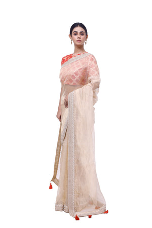 Buy gold embroidered tissue saree online in USA with red bandhej saree blouse. Look your best at parties and weddings in beautiful designer sarees, embroidered sarees, handwoven sarees, silk sarees, organza saris from Pure Elegance Indian saree store in USA.-saree