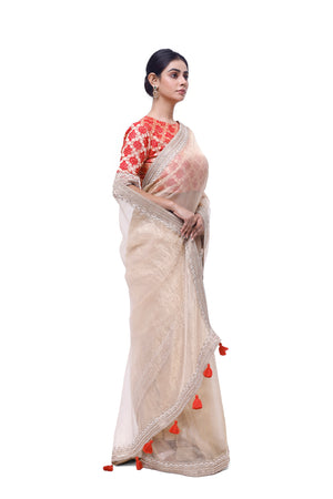Buy gold embroidered tissue saree online in USA with red bandhej saree blouse. Look your best at parties and weddings in beautiful designer sarees, embroidered sarees, handwoven sarees, silk sarees, organza saris from Pure Elegance Indian saree store in USA.-side