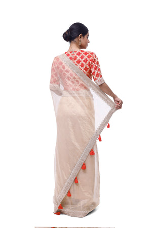 Buy gold embroidered tissue saree online in USA with red bandhej saree blouse. Look your best at parties and weddings in beautiful designer sarees, embroidered sarees, handwoven sarees, silk sarees, organza saris from Pure Elegance Indian saree store in USA.-back