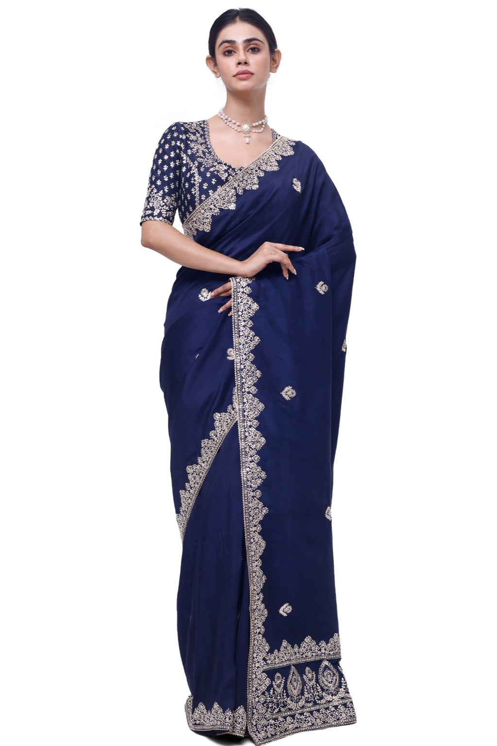 Buy navy blue embroidered silk saree online in USA with saree blouse. Look your best at parties and weddings in beautiful designer sarees, embroidered sarees, handwoven sarees, silk sarees, organza saris from Pure Elegance Indian saree store in USA.-full view