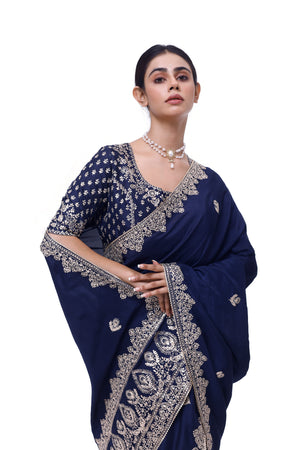 Buy navy blue embroidered silk saree online in USA with saree blouse. Look your best at parties and weddings in beautiful designer sarees, embroidered sarees, handwoven sarees, silk sarees, organza saris from Pure Elegance Indian saree store in USA.-closeup