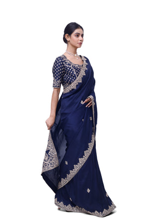 Buy navy blue embroidered silk saree online in USA with saree blouse. Look your best at parties and weddings in beautiful designer sarees, embroidered sarees, handwoven sarees, silk sarees, organza saris from Pure Elegance Indian saree store in USA.-side
