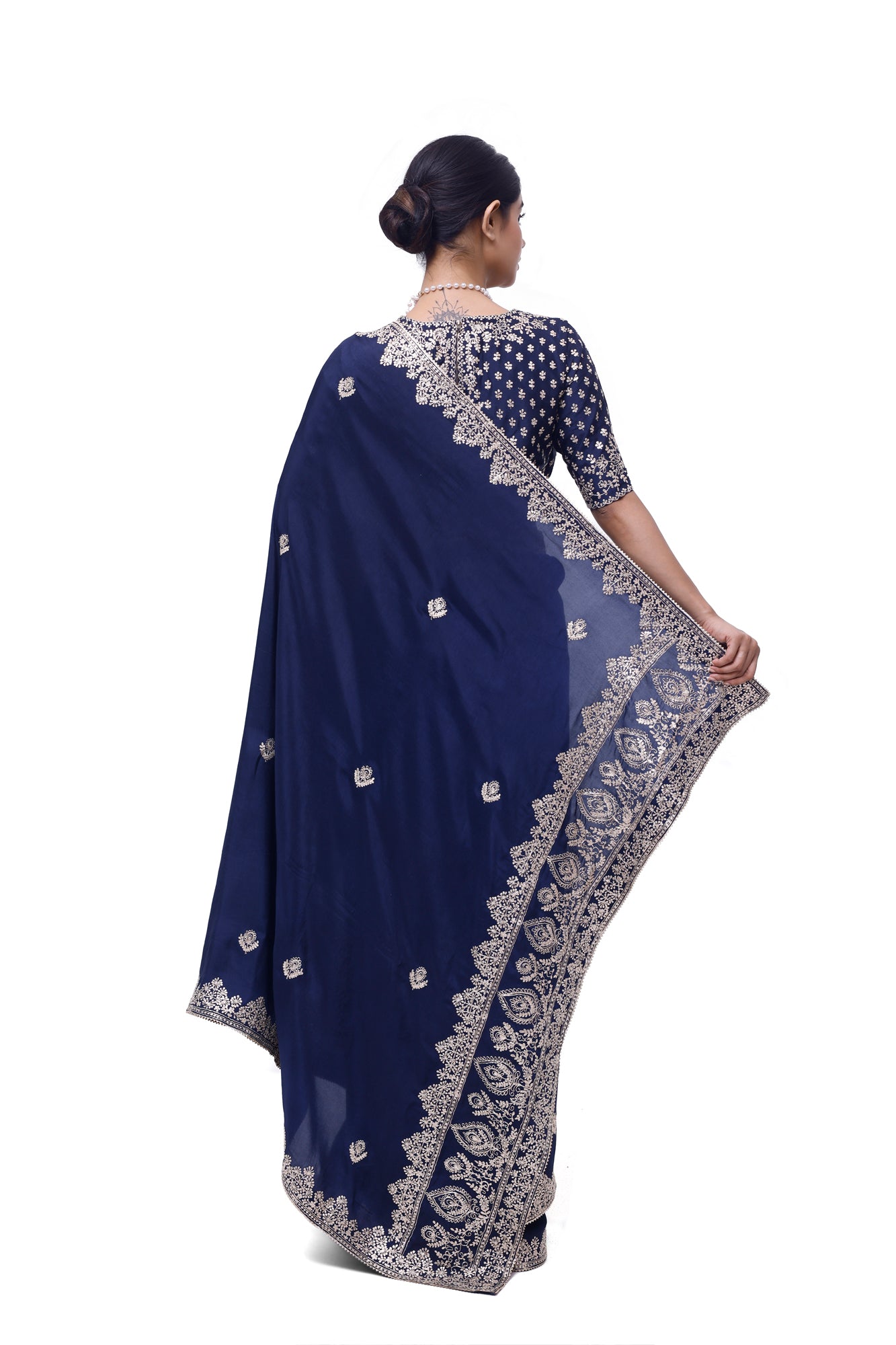 Buy navy blue embroidered silk saree online in USA with saree blouse. Look your best at parties and weddings in beautiful designer sarees, embroidered sarees, handwoven sarees, silk sarees, organza saris from Pure Elegance Indian saree store in USA.-back