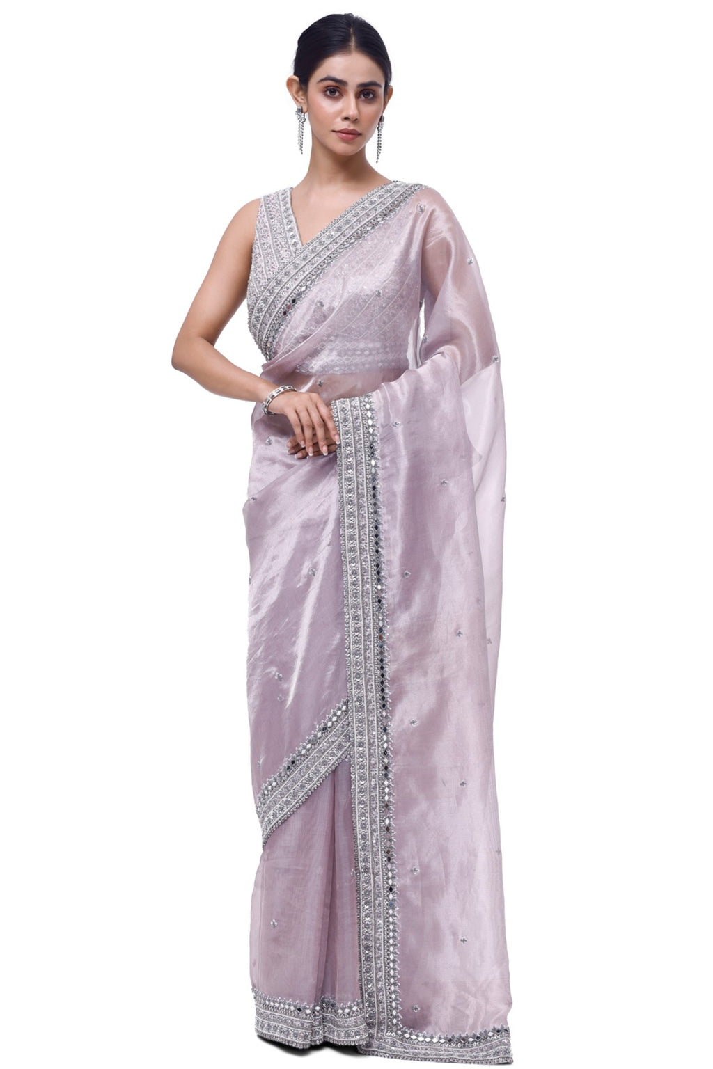 Shop beautiful lilac embroidered tissue saree online in USA with saree blouse. Look your best at parties and weddings in beautiful designer sarees, embroidered sarees, handwoven sarees, silk sarees, organza saris from Pure Elegance Indian saree store in USA.-full view