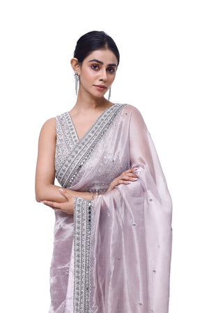 Shop beautiful lilac embroidered tissue saree online in USA with saree blouse. Look your best at parties and weddings in beautiful designer sarees, embroidered sarees, handwoven sarees, silk sarees, organza saris from Pure Elegance Indian saree store in USA.-closeup
