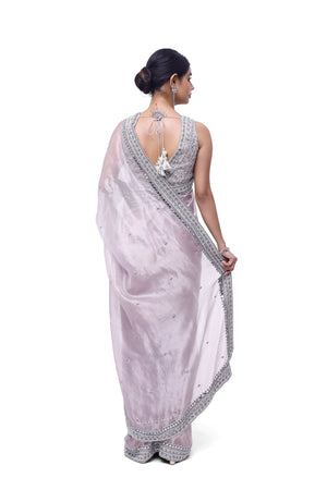 Shop beautiful lilac embroidered tissue saree online in USA with saree blouse. Look your best at parties and weddings in beautiful designer sarees, embroidered sarees, handwoven sarees, silk sarees, organza saris from Pure Elegance Indian saree store in USA.-back