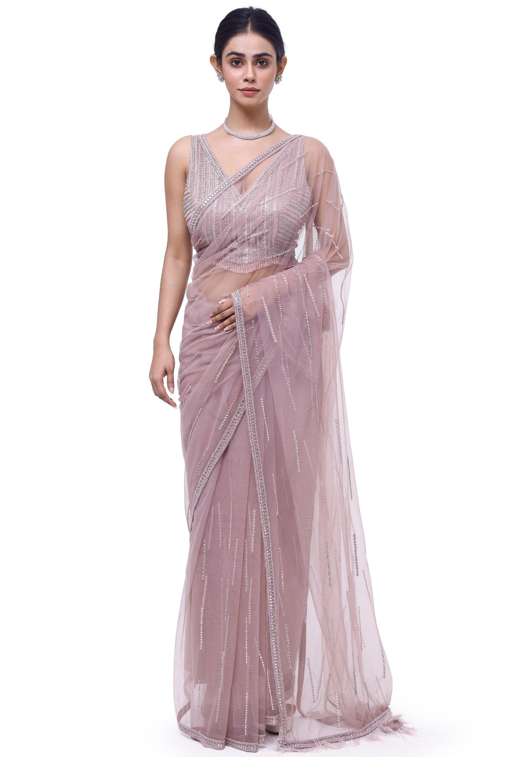 Buy beautiful dusty pink embroidered net saree online in USA with saree blouse. Look your best at parties and weddings in beautiful designer sarees, embroidered sarees, handwoven sarees, silk sarees, organza saris from Pure Elegance Indian saree store in USA.-full view