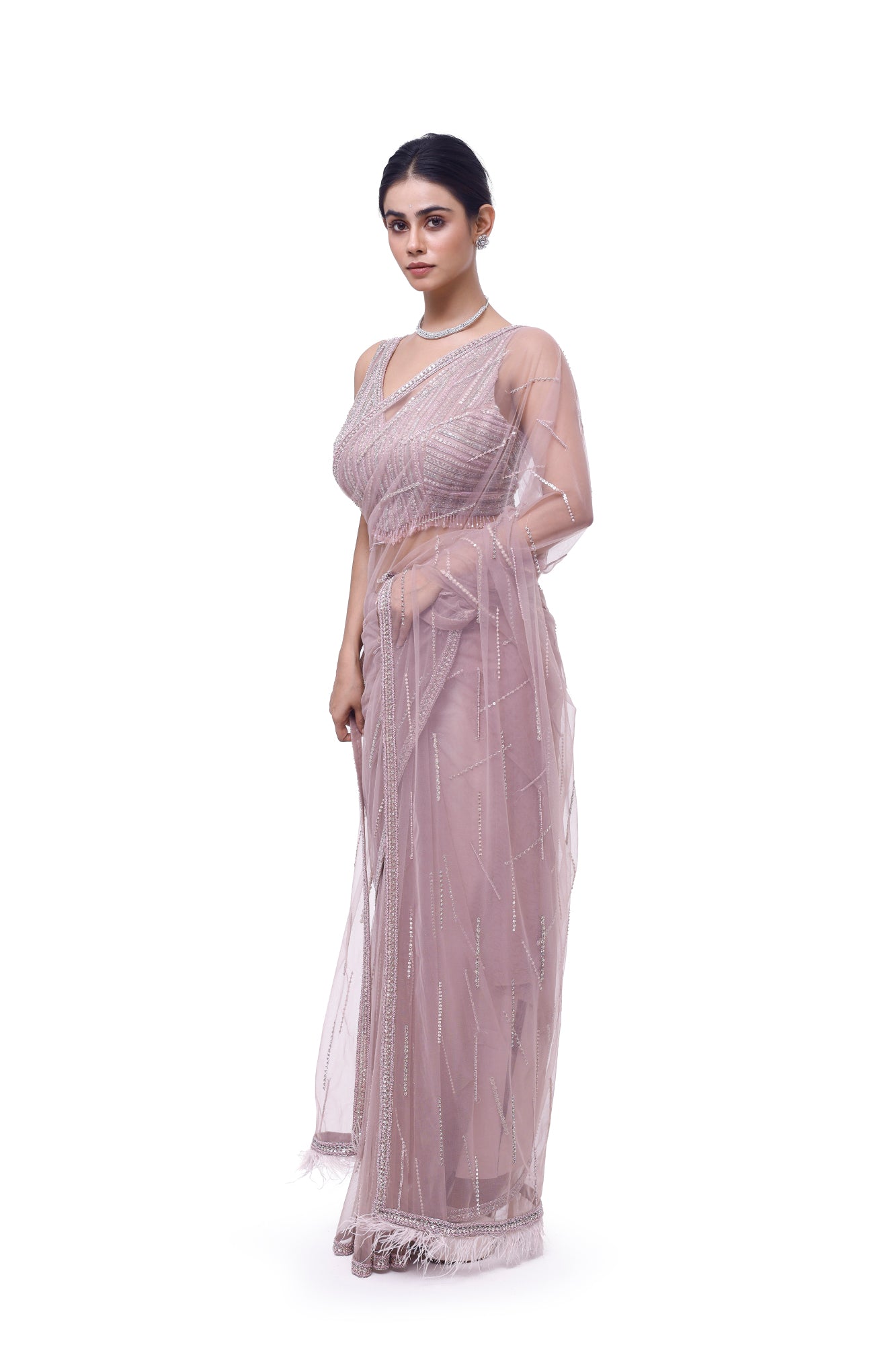 Buy beautiful dusty pink embroidered net saree online in USA with saree blouse. Look your best at parties and weddings in beautiful designer sarees, embroidered sarees, handwoven sarees, silk sarees, organza saris from Pure Elegance Indian saree store in USA.-side
