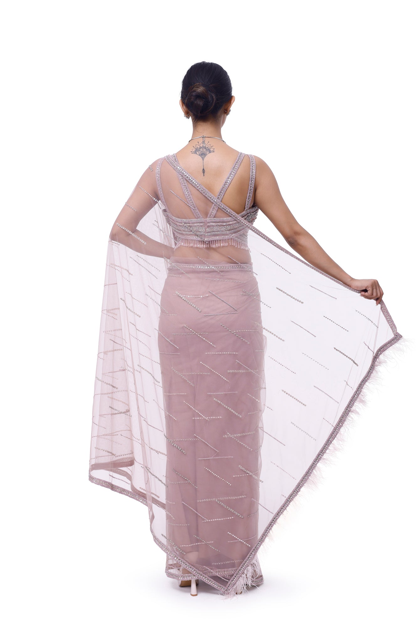 Buy beautiful dusty pink embroidered net saree online in USA with saree blouse. Look your best at parties and weddings in beautiful designer sarees, embroidered sarees, handwoven sarees, silk sarees, organza saris from Pure Elegance Indian saree store in USA.-back