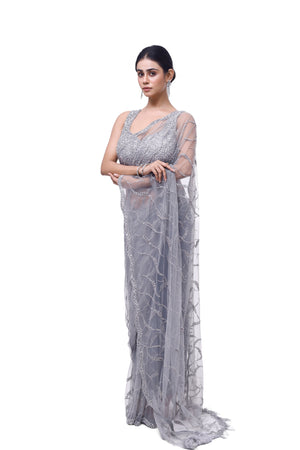 Shop beautiful light grey embroidered net saree online in USA with saree blouse. Look your best at parties and weddings in beautiful designer sarees, embroidered sarees, handwoven sarees, silk sarees, organza saris from Pure Elegance Indian saree store in USA.-side