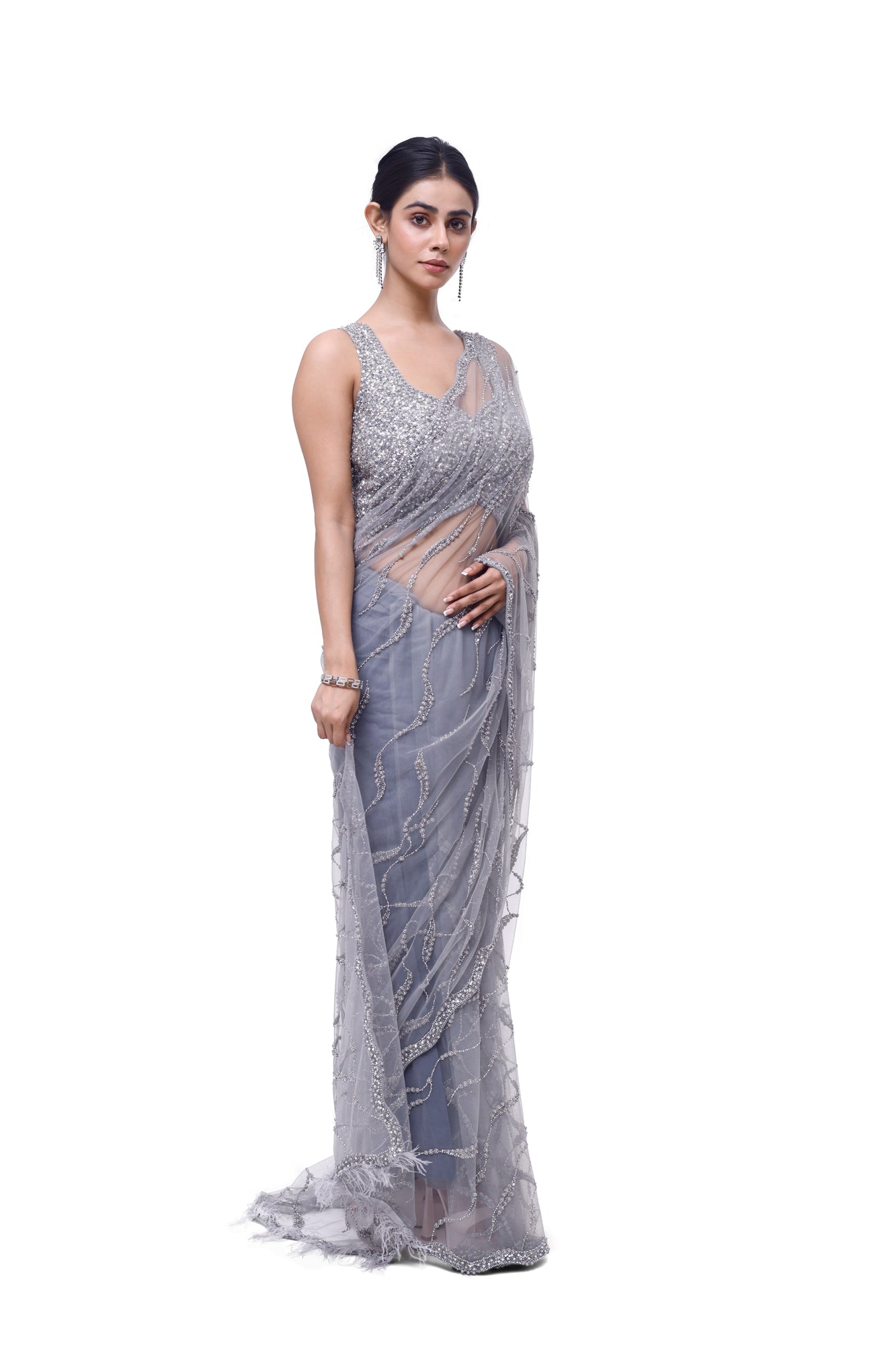 Shop beautiful light grey embroidered net saree online in USA with saree blouse. Look your best at parties and weddings in beautiful designer sarees, embroidered sarees, handwoven sarees, silk sarees, organza saris from Pure Elegance Indian saree store in USA.-saree