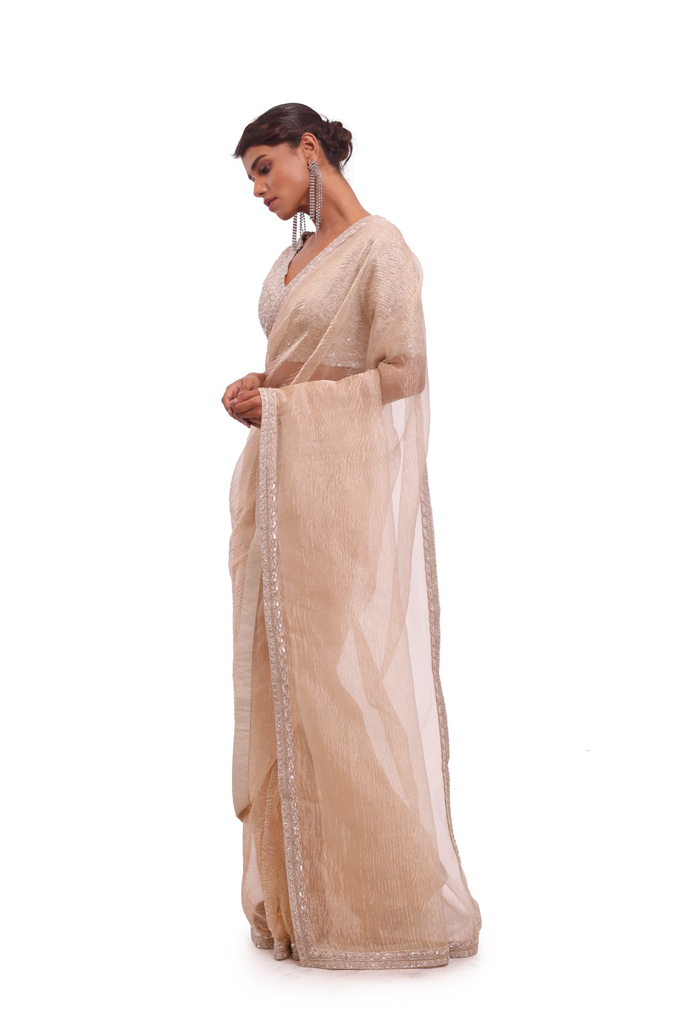 Buy golden crinkled tissue saree online in USA with embroidered saree blouse. Look your best at parties and weddings in beautiful designer sarees, embroidered sarees, handwoven sarees, silk sarees, organza saris from Pure Elegance Indian saree store in USA.-saree