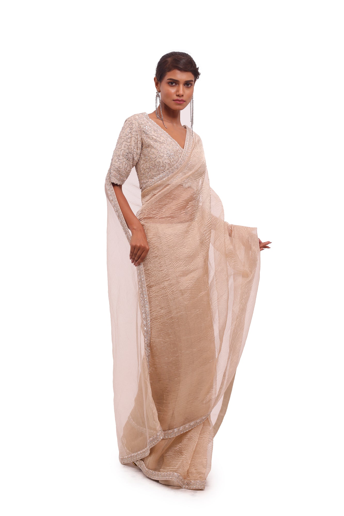 Buy golden crinkled tissue saree online in USA with embroidered saree blouse. Look your best at parties and weddings in beautiful designer sarees, embroidered sarees, handwoven sarees, silk sarees, organza saris from Pure Elegance Indian saree store in USA.-side
