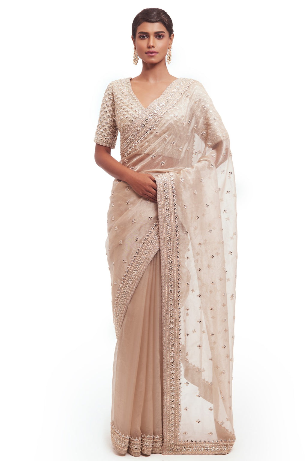 Buy beautiful dusty white tissue saree online in USA with embroidered saree blouse. Look your best at parties and weddings in beautiful designer sarees, embroidered sarees, handwoven sarees, silk sarees, organza saris from Pure Elegance Indian saree store in USA.-full view
