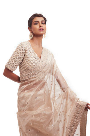 Buy beautiful dusty white tissue saree online in USA with embroidered saree blouse. Look your best at parties and weddings in beautiful designer sarees, embroidered sarees, handwoven sarees, silk sarees, organza saris from Pure Elegance Indian saree store in USA.-closeup
