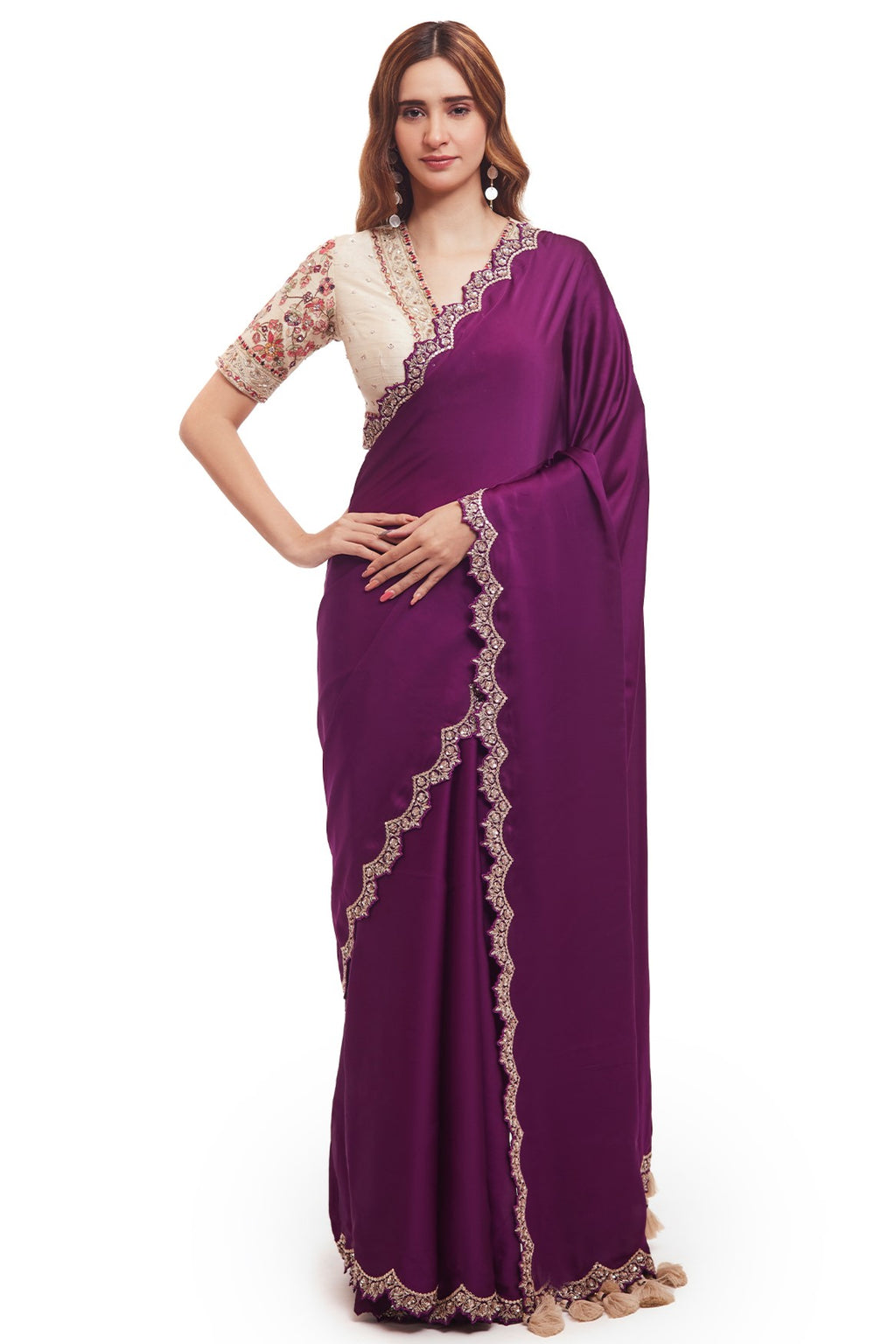 Shop purple organza satin saree online in USA with embroidered saree blouse. Look your best at parties and weddings in beautiful designer sarees, embroidered sarees, handwoven sarees, silk sarees, organza saris from Pure Elegance Indian saree store in USA.-full view