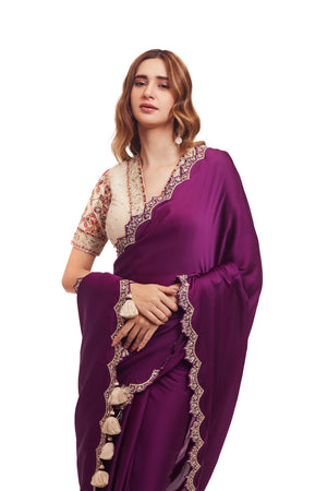 Shop purple organza satin saree online in USA with embroidered saree blouse. Look your best at parties and weddings in beautiful designer sarees, embroidered sarees, handwoven sarees, silk sarees, organza saris from Pure Elegance Indian saree store in USA.-closeup